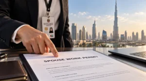 Professional pointing to a SPOUSE WORK PERMIT employment contract in Dubai, UAE with the city skyline in the background