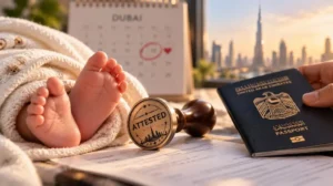 Attested birth certificate stamp with newborn baby feet, UAE passport, and Dubai calendar in the background
