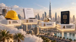 Illustration of four UAE family visa edge cases showing labour category helmet, job offer letter, housing keys, and UAE passport against Dubai skyline