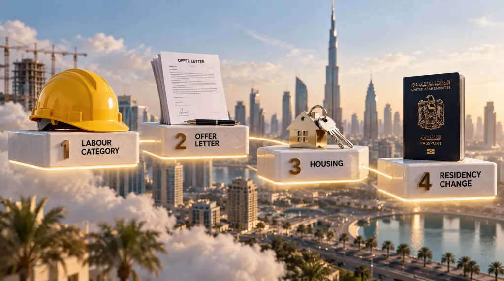 Illustration of four UAE family visa edge cases showing labour category helmet, job offer letter, housing keys, and UAE passport against Dubai skyline