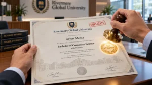 Duplicate degree certificate from Rivermere Global University being stamped with a golden ATTESTED seal for UAE document verification.