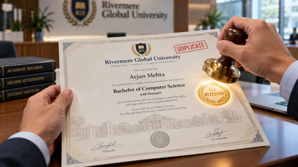 Duplicate degree certificate from Rivermere Global University being stamped with a golden ATTESTED seal for UAE document verification.