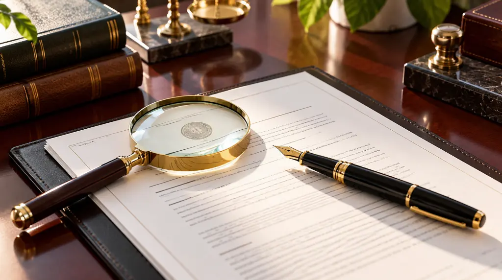 Legal document and fountain pen under a magnifying glass used for resolving a name mismatch certificate in UAE with a one and the same affidavit