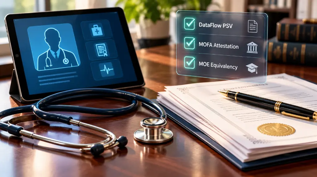 Nurse holding a degree certificate beside a checklist comparing DataFlow, attestation and MOHESR recognition for UAE healthcare licensing