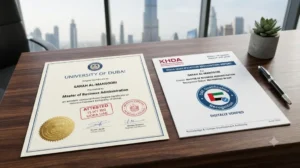 Power of Attorney document with Indian Consulate and UAE MOFA attestation stamps beside a passport and a Kerala stamp paper