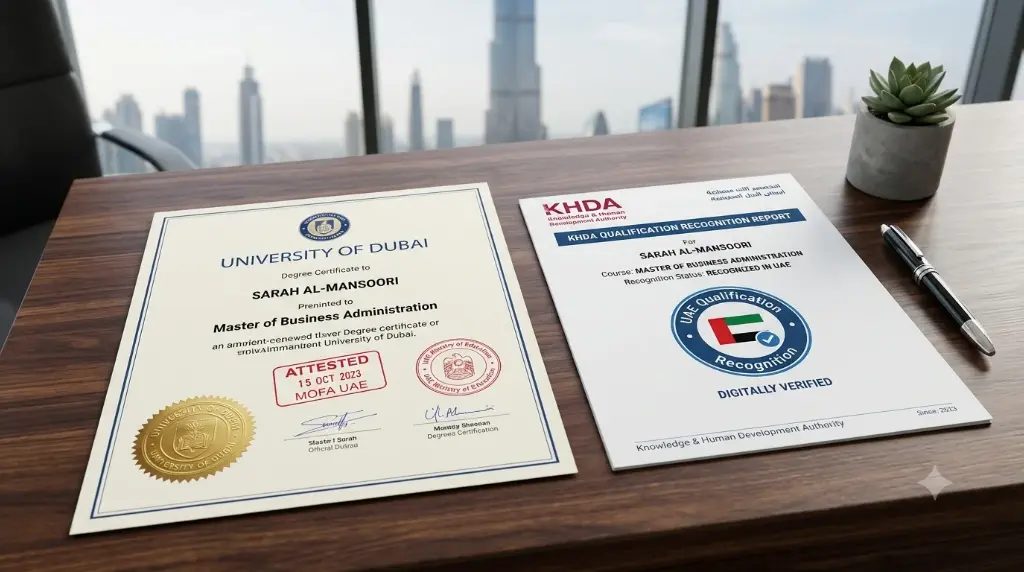 Power of Attorney document with Indian Consulate and UAE MOFA attestation stamps beside a passport and a Kerala stamp paper
